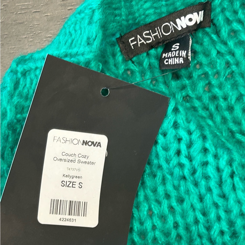 Cozy oversized off the shoulder cable knit sweater balloon sleeves green NWT S - Picture 9 of 9